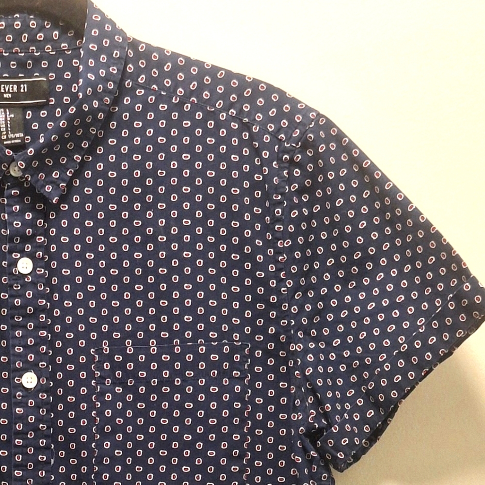 Mirco Print Short Sleeve Button Down | Navy - Red - White | Size L